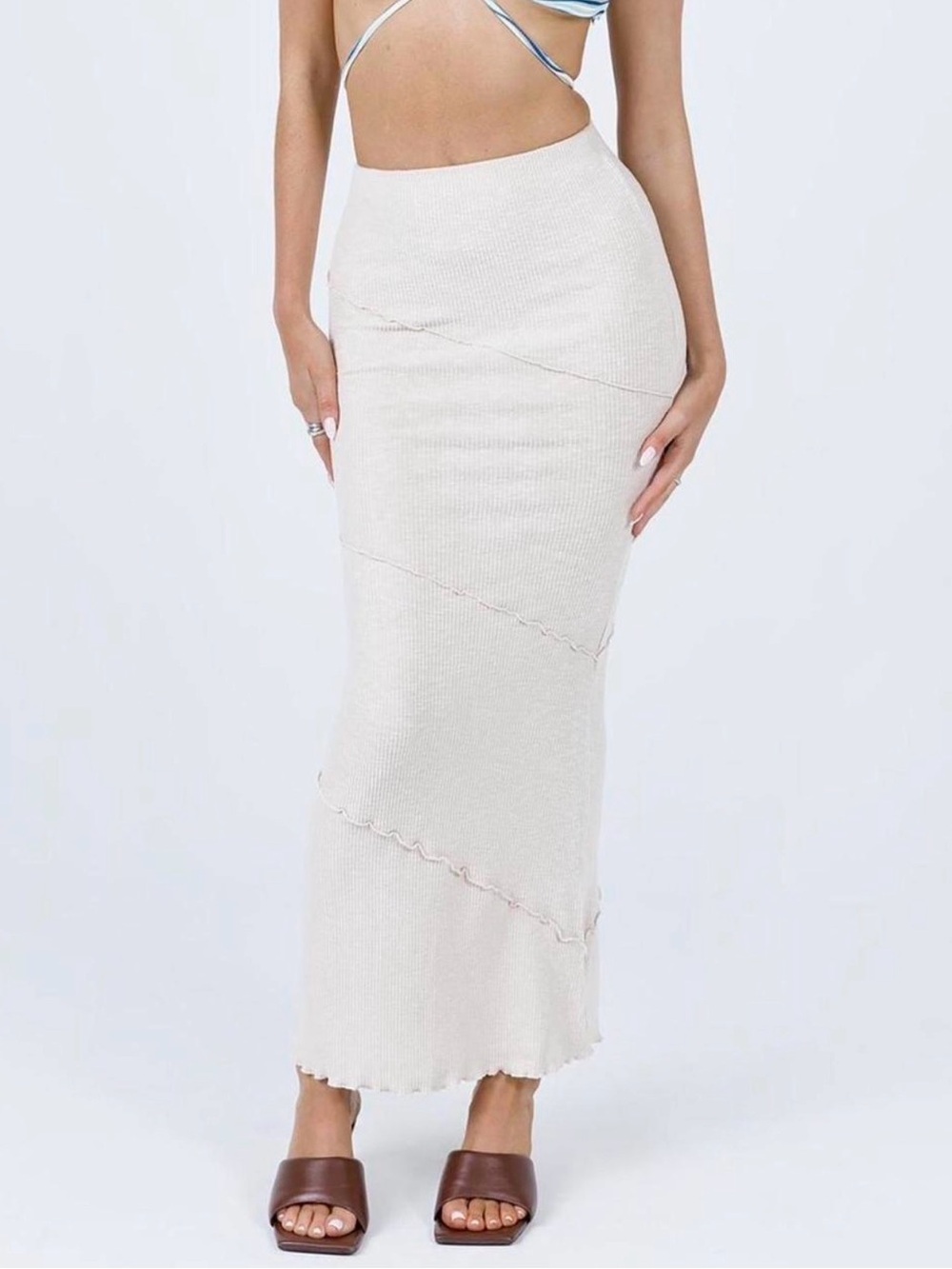 Princess Polly Cream Ribbed Maxi Skirt